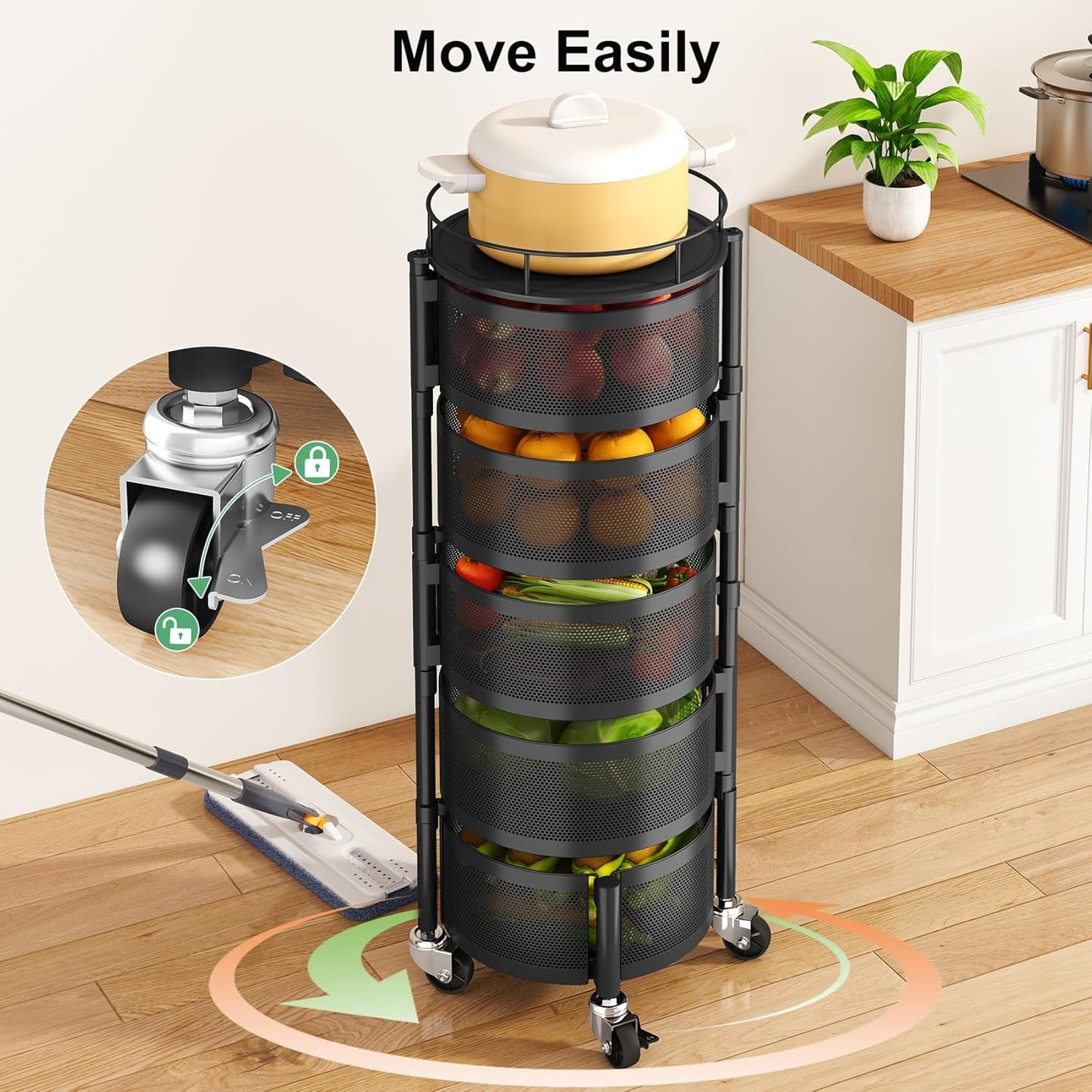 Fruit Vegetable Basket for Kitchen, Rotating Storage Rack, 5 Tier Rolling Cart with Top Lid, Large Metal Wire Wheels, Black