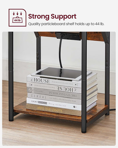 End Table with Charging Station, Set of 2, Small Side Tables for Living Room, Bedroom, Nightstand with Outlets and USB Ports, Bedside Table with Storage Shelf, Rustic Brown and Black