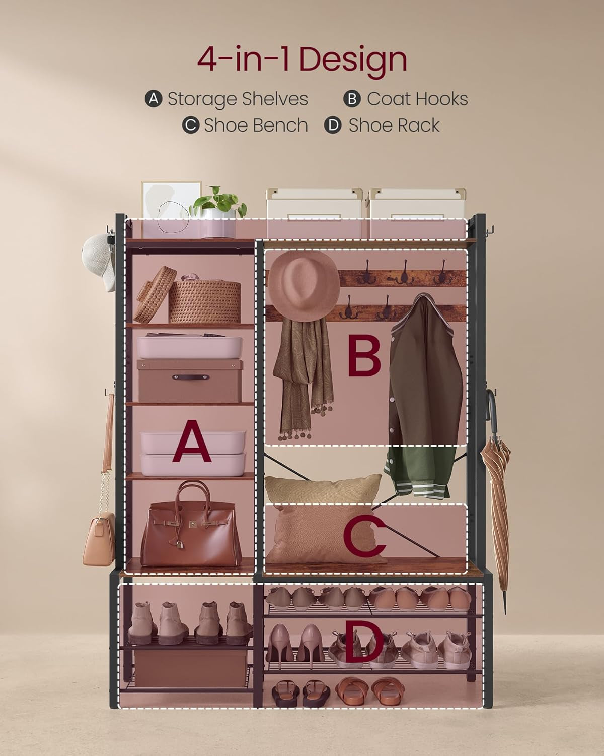 Hall Tree with Bench and Shoe Storage, Entryway Coat Rack with Shoe Bench, 5 Storage Shelves, 9 Coat Hooks, 6 Side Hooks, 15.7 X 47.2 X 74.8 Inches, Rustic Brown and Ink Black UHSR426B01