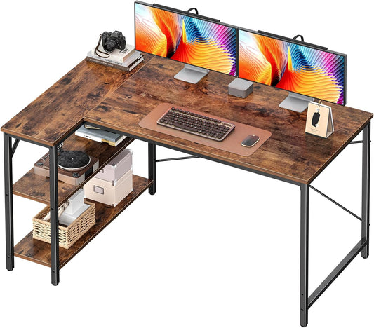 47 Inches L Shaped Desk, Computer Desk with Reversible Storage Shelves, for Gaming Corner Home Office Writing Study, Metal Frame, Rustic Brown