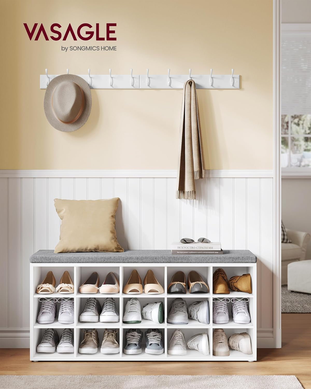 CUSTOS Collection - Shoe Bench, Storage Bench with Padded Seat, Entryway Bench with 12 Compartments, for Bedroom, 11.9 X 40.9 X 18.9 Inches, Cloud White and Slate Gray ULHS012W14