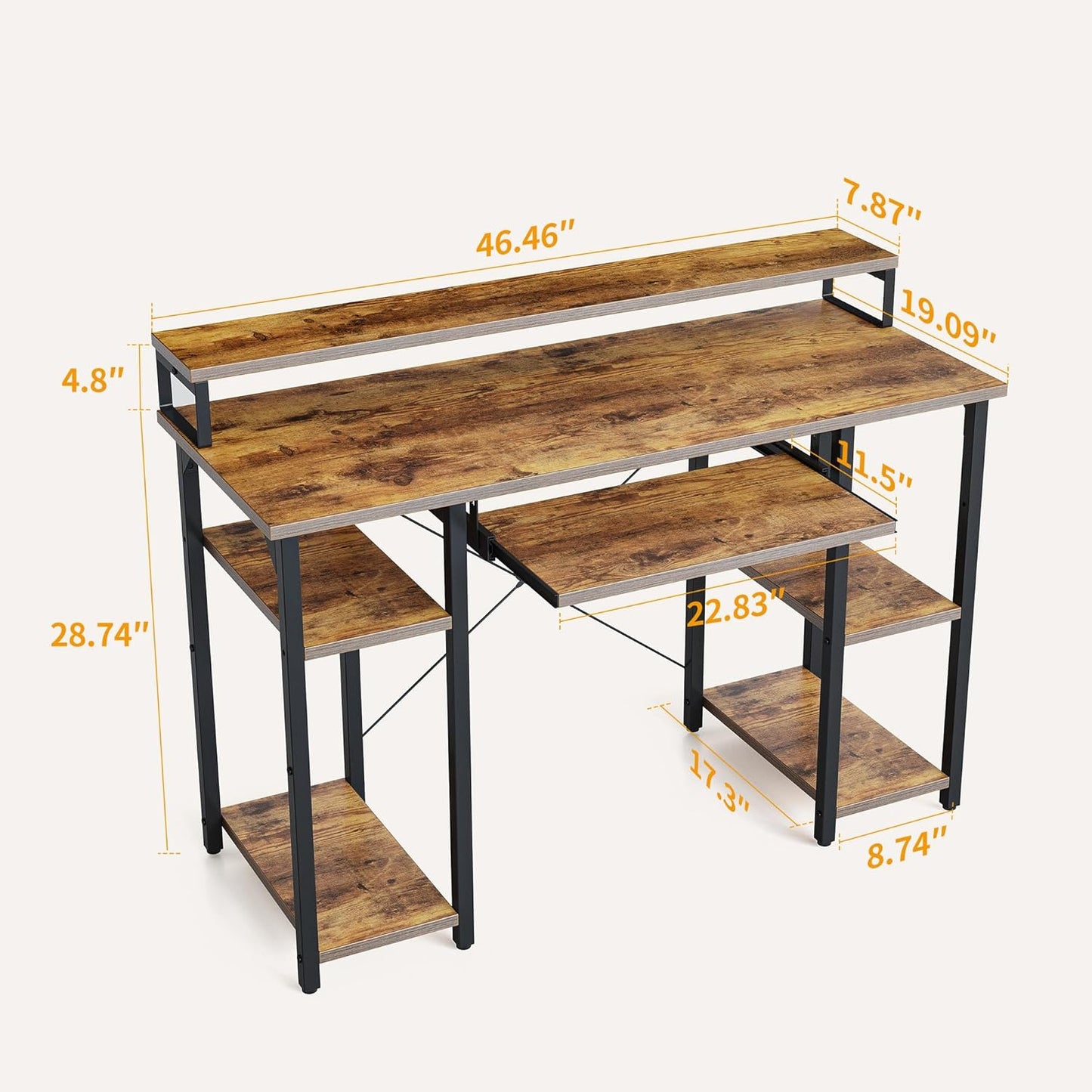 Computer Desk with Keyboard Tray, 47 Inch Office Desk with Monitor Stand and Storage Shelves, Music Studio Desk Workstation, Work Table for Home Office, Rustic Brown