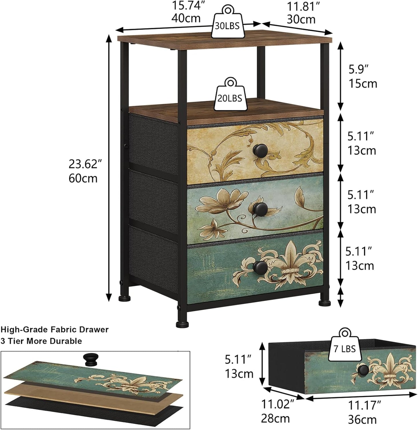 Nightstand with 3 Fabric Drawers Retro End Table with Storage Shelf Vintage Side Table for Bedroom Living Room Sofa beside Farmhouse