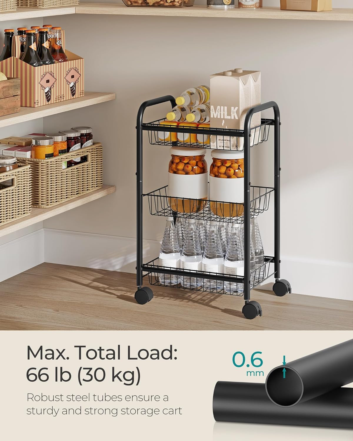 3-Tier Metal Rolling Cart on Wheels with Baskets, Lockable Utility Trolley with Handles for Kitchen Bathroom Closet, Storage with Removable Shelves, Black UBSC03BK