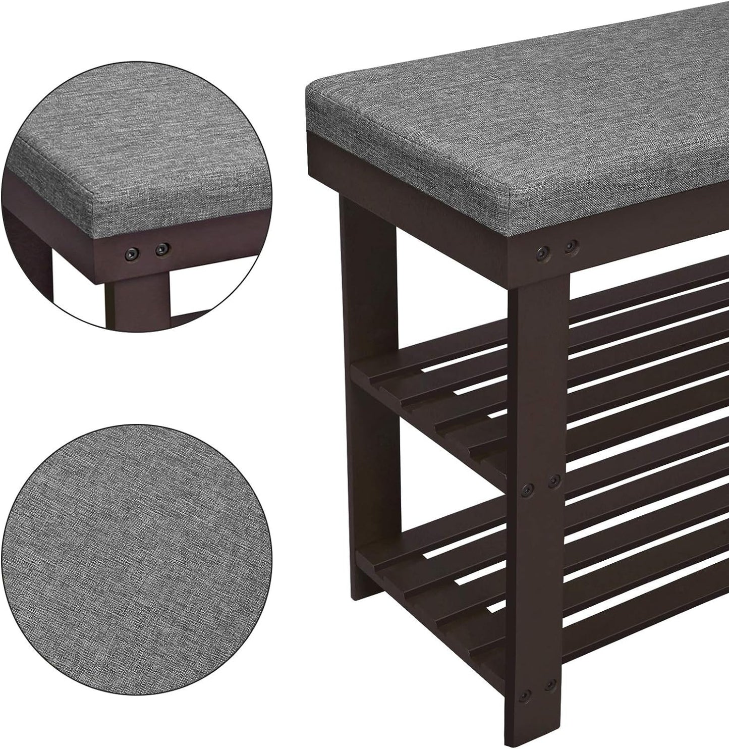 Bamboo Shoe Bench, 3-Tier Shoe Rack Organizer for Entryway, Living Room, Bench Seat Holds up to 300 Lb, 11.9 X 28.3 X 19.2 Inches, Rustic Walnut and Slate Gray ULBS604CG