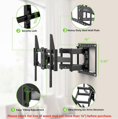 Full Motion TV Wall Mount for Most 42-90 Inch Flat Screen/Led/4K, TV Mount Bracket Dual Swivel Articulating Tilt 6 Arms, Max 16" Wood Studs, VESA 600X400Mm, Holds up to 132Lbs