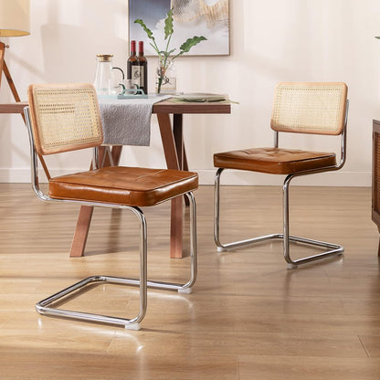 Natural Rattan Dining Chairs Set of 2, Modern Dining Room Chairs with Solid Wood Back for Kitchen Living Room, Mid Century Breuer Design Inspired, Upholstered Faux Leather Brown