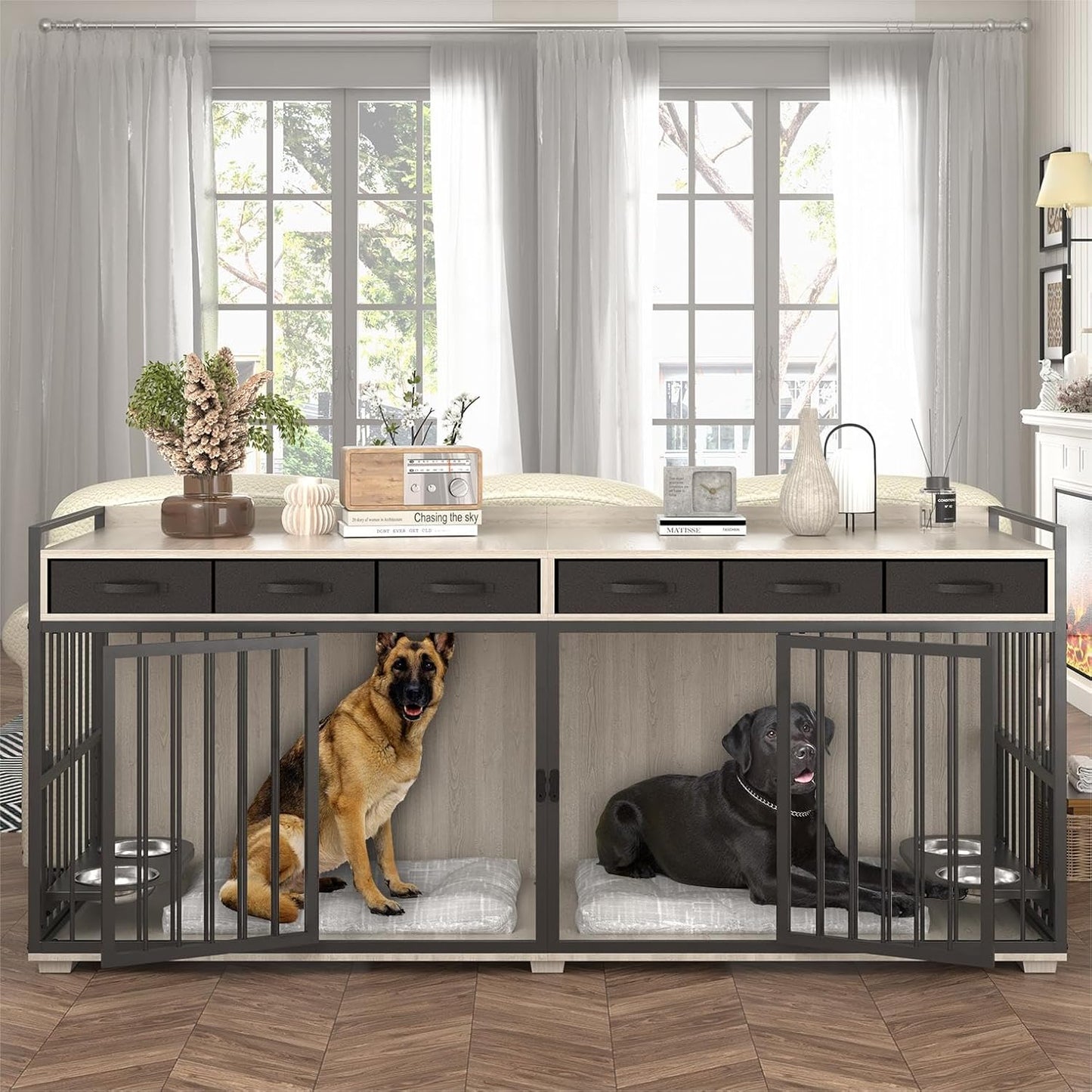 86.6Inch Large Double Dog Crate Furniture,Heavy Duty Metal Frame Dog Crate Kennel with Adjustable Feeder Bowls and Removable Divider&Drawers,Chew-Resistant Dog Kennel for 2 Dogs Indoor