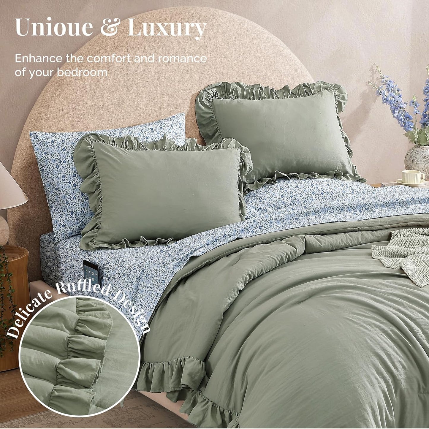 Queen Comforter Set - 7 Pieces Ruffle Sage Green Bedding Sets, Shabby Chic Farmhouse Bed in a Bag Queen with Ruffle Comforter, Floral Sheets, Pillowcases & Shams