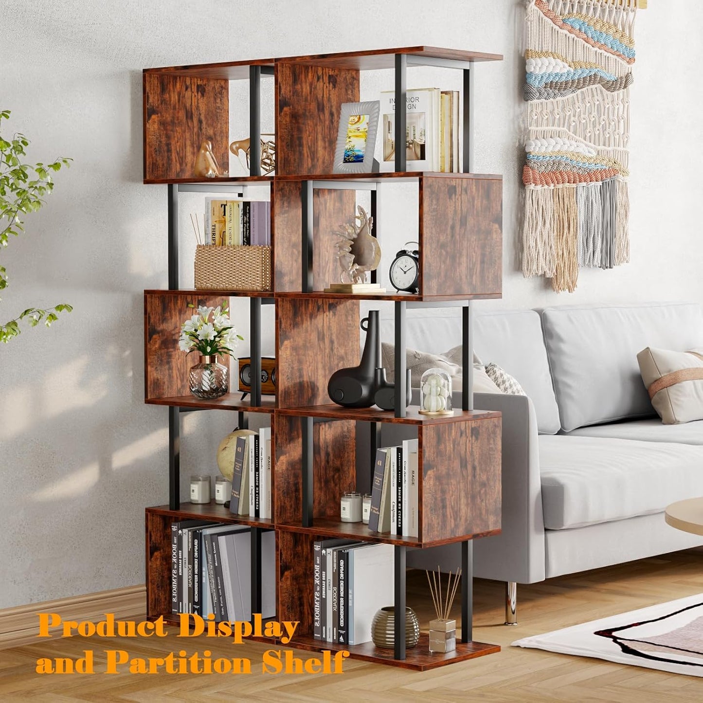 6 Tier Bookshelf, Tall S Shaped Geometric Bookcase, Modern Display Shelf Standing Unit, Wood Metal Decorative Divider Rack for Living Room Bedroom Office, Rustic Brown