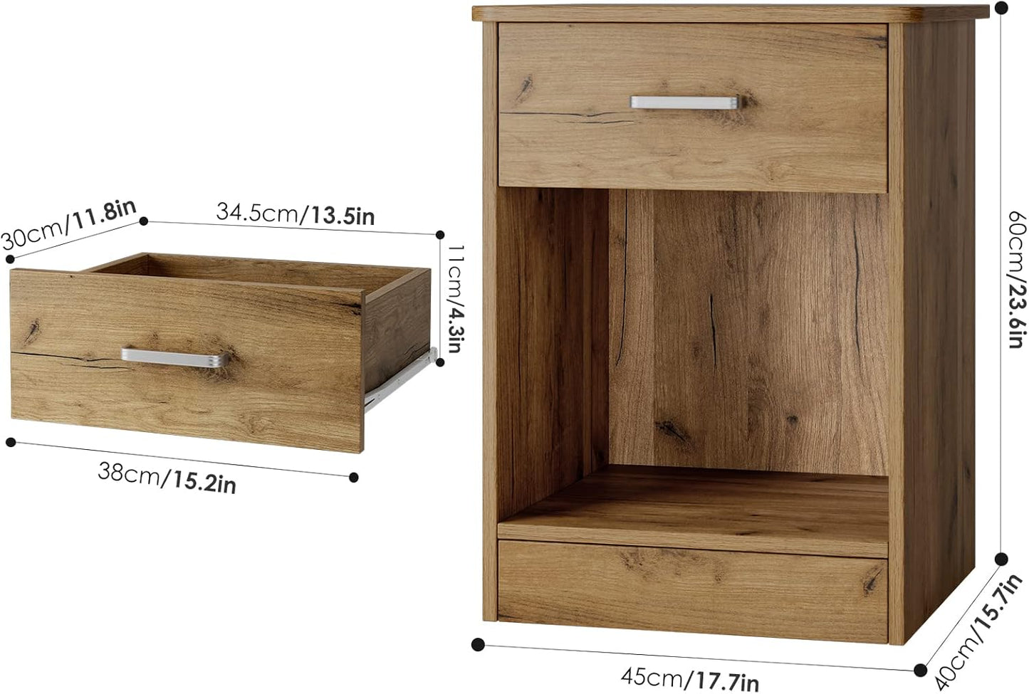 Nightstand Set of 2, 2-Tier Side Table with Drawer and Storage Shelf, Bedside Table End Table, Modern Night Stand for Bedroom, Home Office,Wooden Grain
