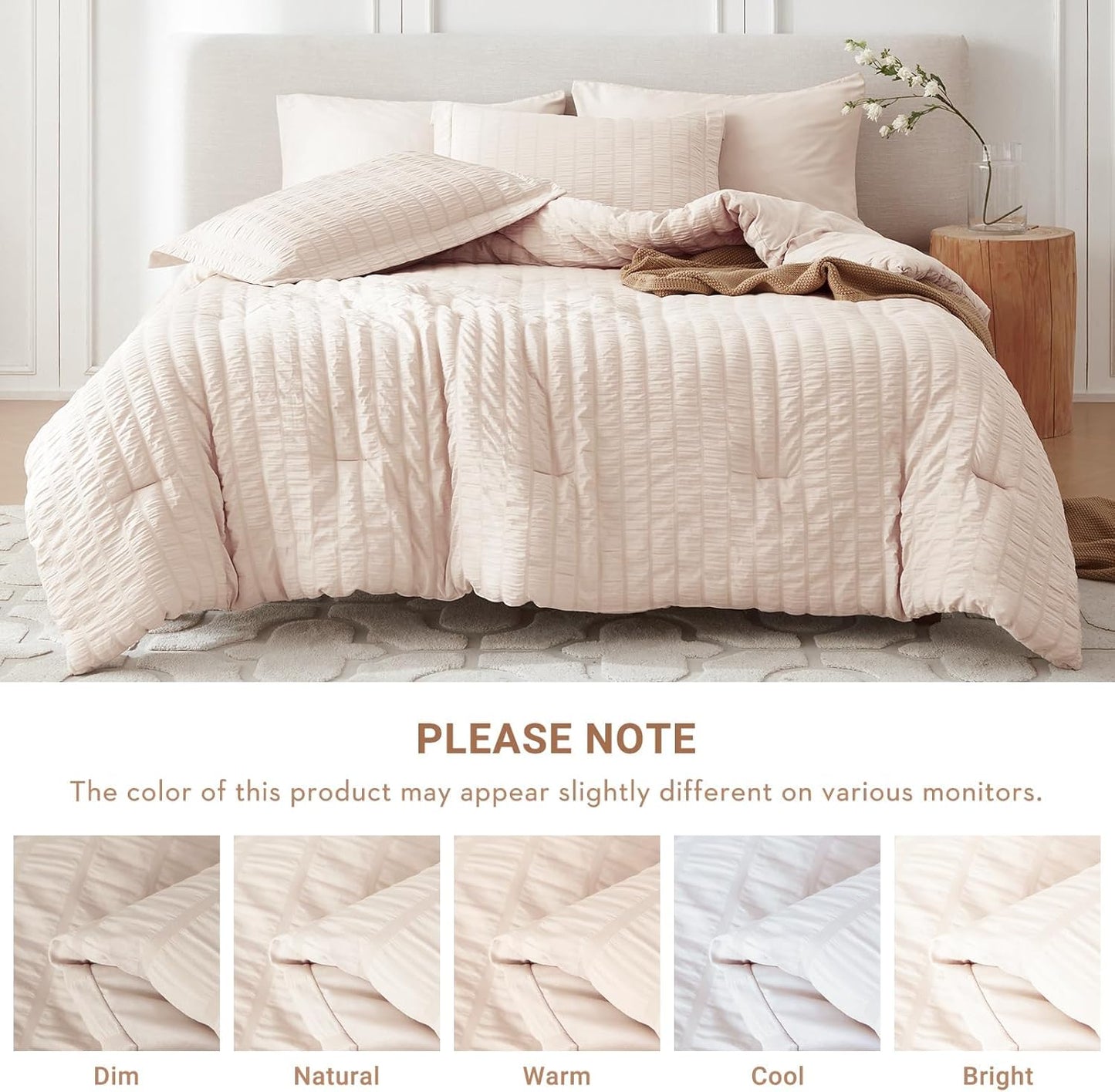 7 Pieces King Comforter Set, Seersucker Bed in a Bag King Size, All Season Luxury Bedding Set with Comforter, Flat Sheet, Fitted Sheet, Pillowcases & Shams, Beige