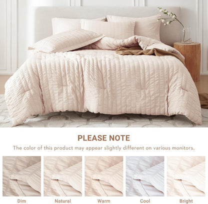 7 Pieces King Comforter Set, Seersucker Bed in a Bag King Size, All Season Luxury Bedding Set with Comforter, Flat Sheet, Fitted Sheet, Pillowcases & Shams, Beige