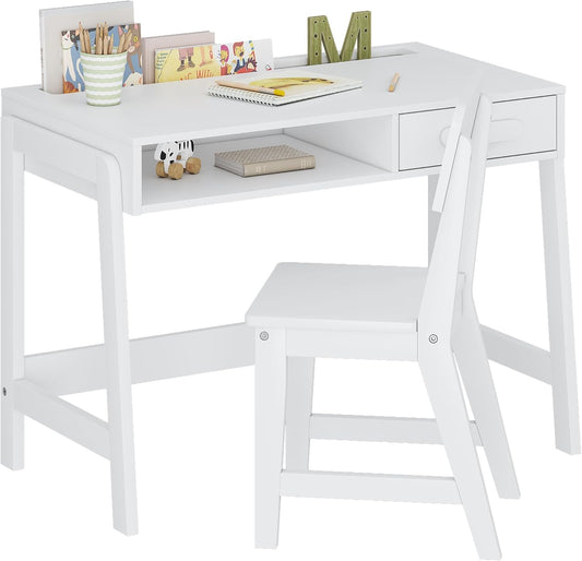 Kids Desk and Chair Set, Study Desk for Kids with Drawers, Wooden Children Table Set, Student Writing Desk Computer Workstation for Bedroom & Study Room