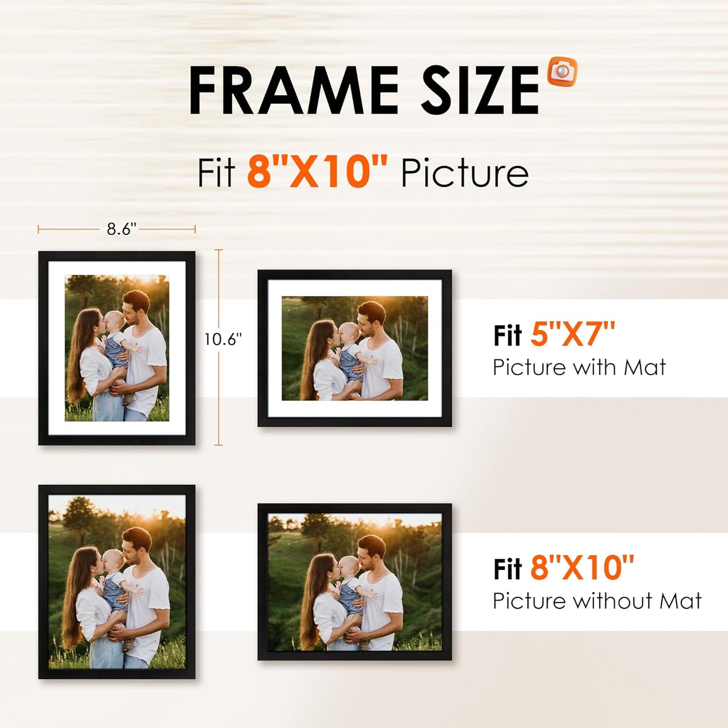 8X10 Picture Frame Set of 2, Photo Frame with HD Plexiglass, Display Pictures 5X7 with Mat or 8X10 without Mat Multi Picture Frames Collage for Tabletop or Wall Display, Black
