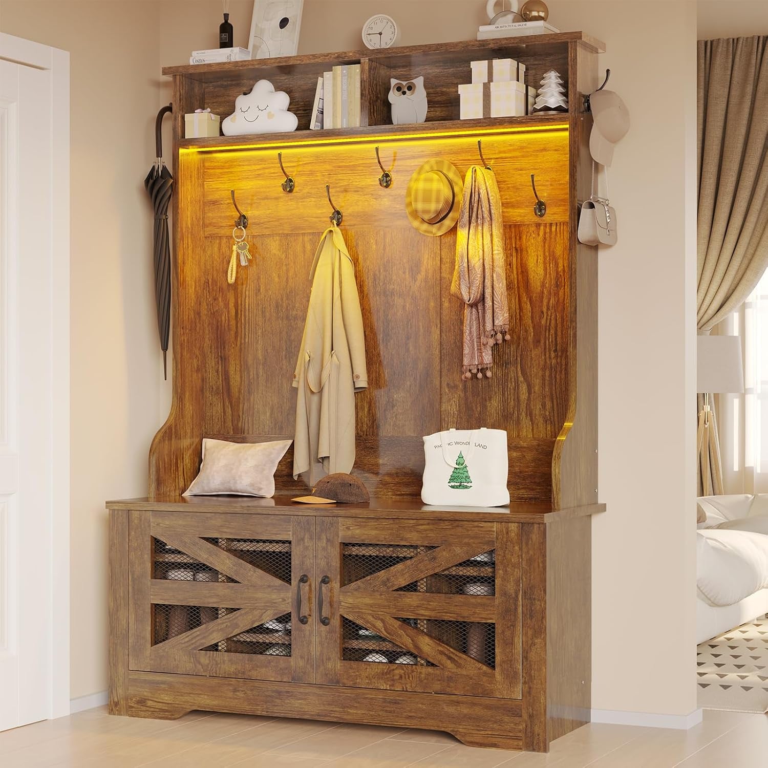 Hall Tree with Bench and Shoe Storage, 5-In-1 Entryway Bench with Coat Rack, 10 Shoe Cubbies & 9 Coat Hooks, Barn Door & Adjustable Shelf (Rustic Brown)