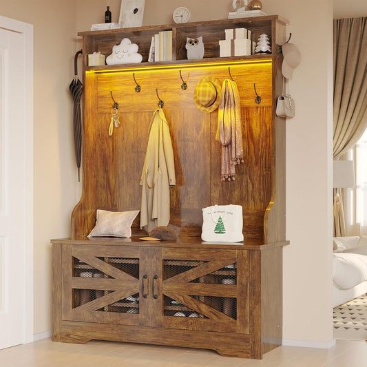 Hall Tree with Bench and Shoe Storage, 5-In-1 Entryway Bench with Coat Rack, 10 Shoe Cubbies & 9 Coat Hooks, Barn Door & Adjustable Shelf (Rustic Brown)