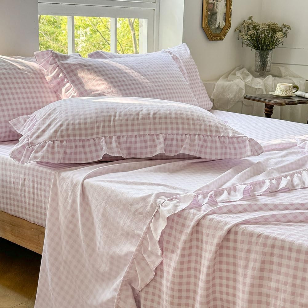 Pink Gingham Ruffle Queen Sheet Set, Pink Soft Pre-Washed Microfiber Plaid Queen Bed Sheets, 4-Pieces Farmhouse Sheet Set with Deep Pocket