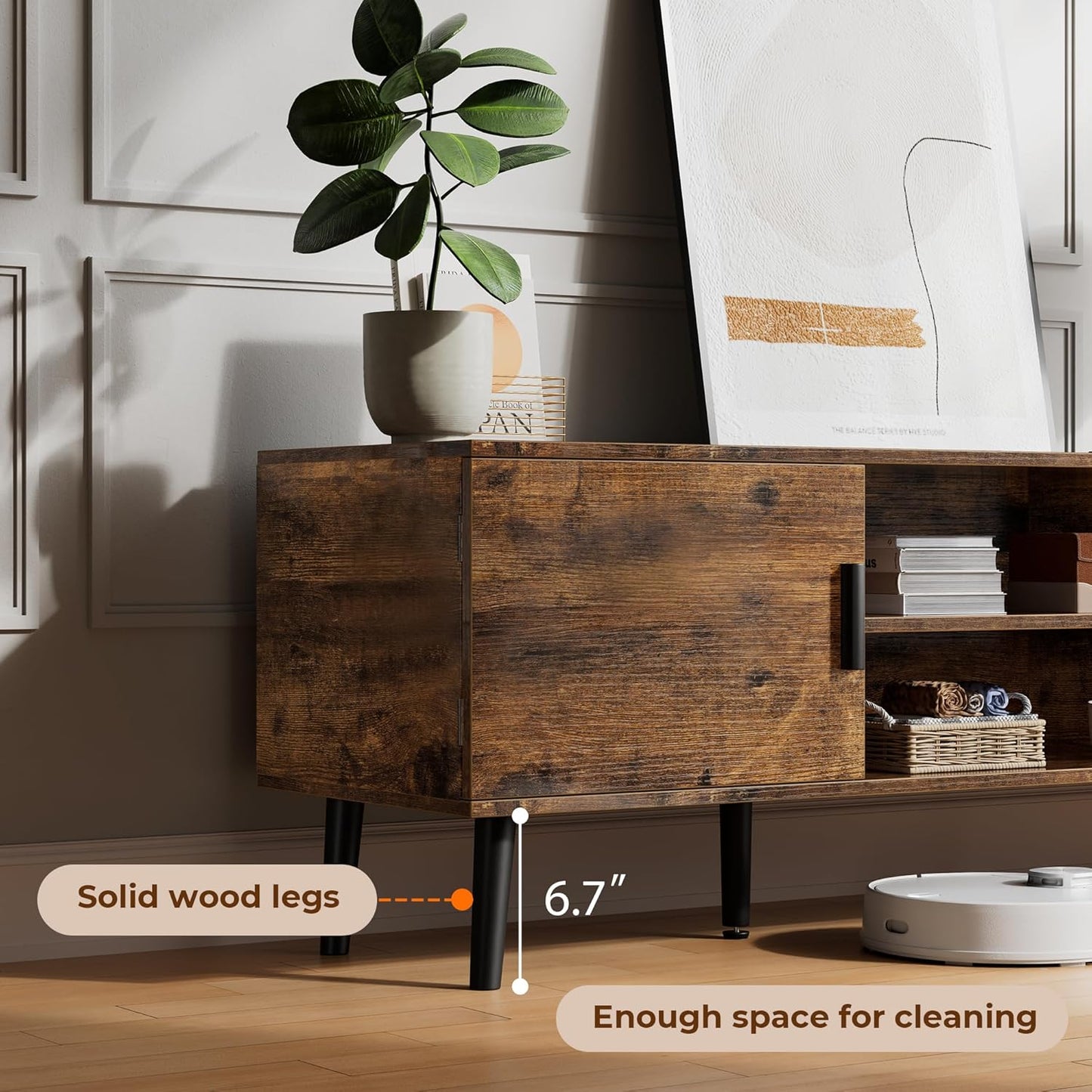 TV Stand for 55 Inch TV, Entertainment Center with Adjustable Shelf, 2 Cabinets, TV Console Table, Media Console, Solid Wood Feet, Cord Holes, for Living Room, Bedroom, Rustic Brown