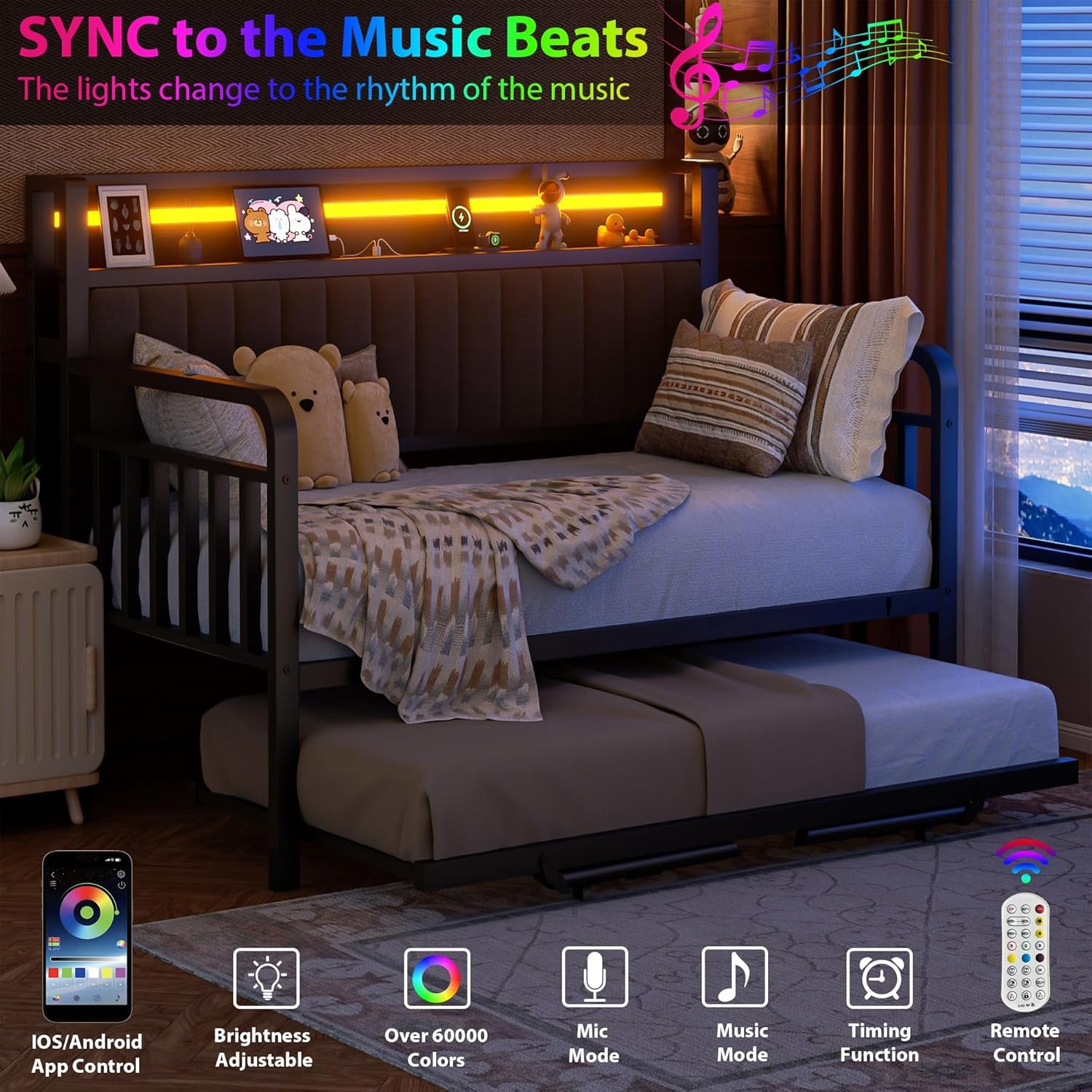 Daybed with Trundle and LED Light, Heavy Duty Metal Twin Bed Frame with Upholstered Storage Headboard & Charging Station, Day Bed Pop up Trundle Bed Twin for Living Room,Bedroom and Guest Room, Black