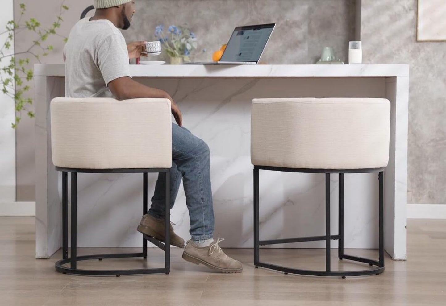 Contemporary Cream Linen Bar Stools Set of 3, 24" Upholstered Fabric Counter Height Barstools Kitchen Counter Island Stools with Screwed Together Black Metal Base