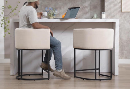 Cream linen upholstered counter height bar stools set of three with black metal base, view 3
