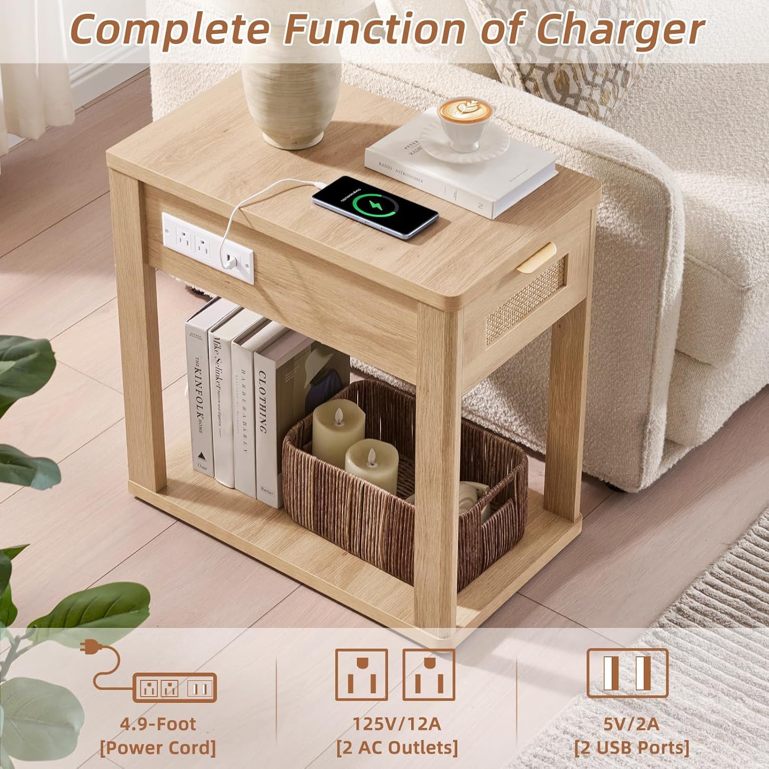 Narrow Side Table with Charging Station, 24X14''Rattan Night Stand with Drawer Storage, Natural Wood Bedside End Table for Small Spaces, Boho Nightstand for Living Room Bedroom