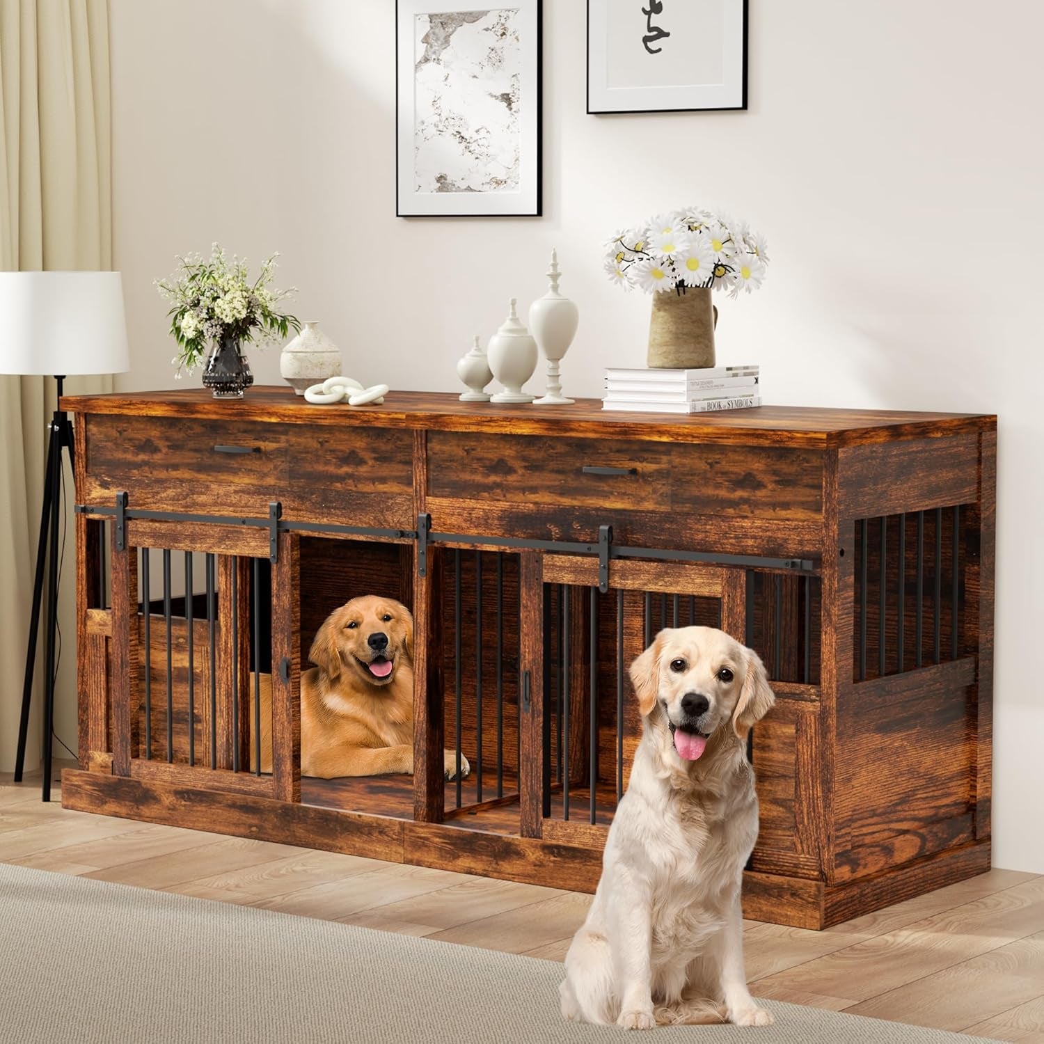 71 Inches Extra Large Dog Crate Furniture Indoor Wooden Dog Kennel Furniture Heavy Duty Dog Crates TV Stand with Removable Divider for 2 Large Medium Small Dogs Black