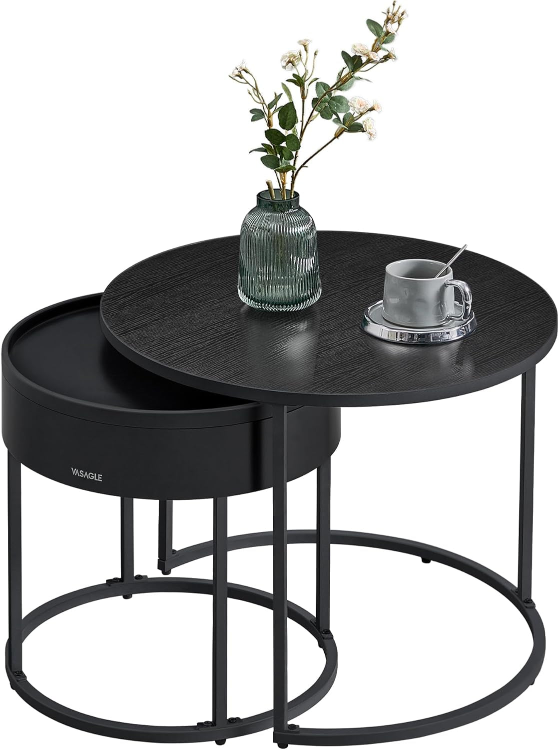 round Coffee Tables, Set of 2 Nesting Tables, Modern round Side Tables with Hidden Storage and Top Tray, for Living Room, Bedroom, Office, Ebony Black and Ink Black ULCT044B56