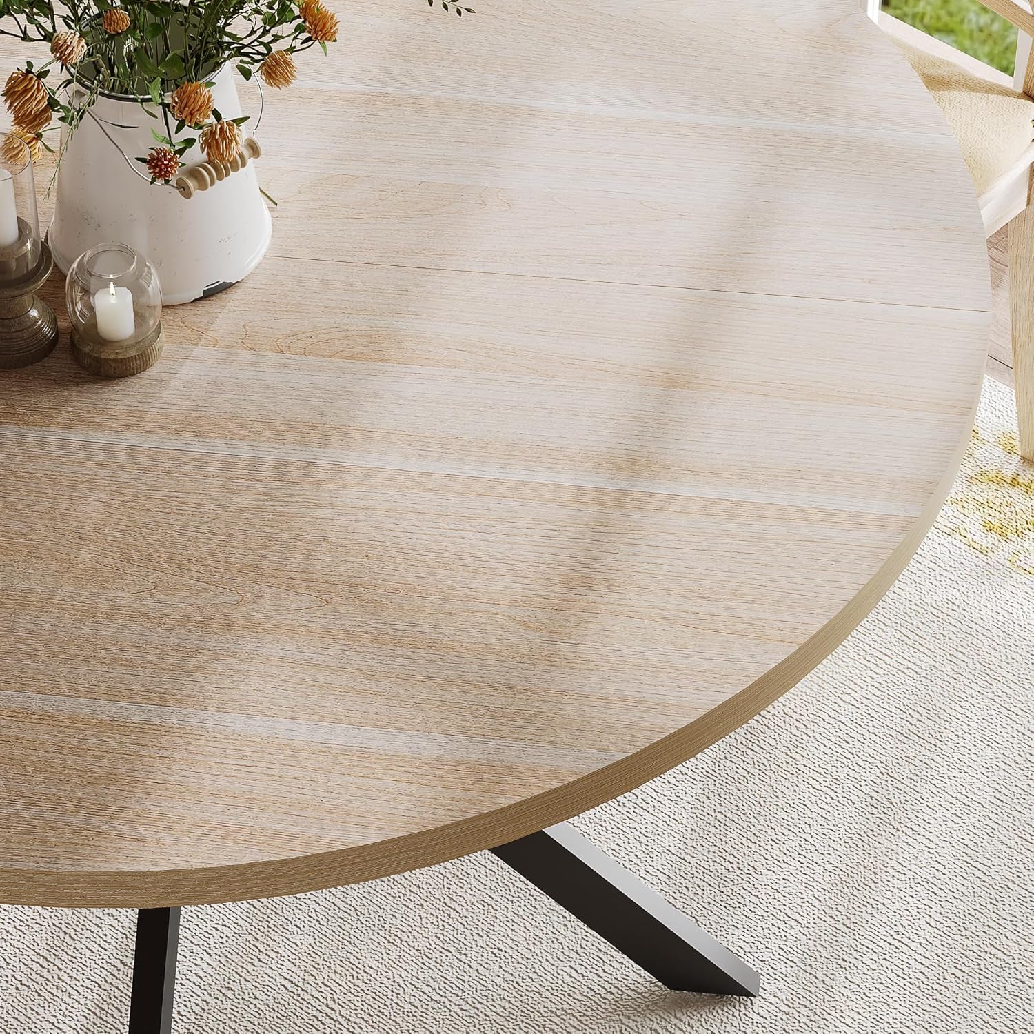 47.2 Inch round Dining Table for 4, Farmhouse Wood Kitchen Table, Circle Dinner Table for Kitchen & Dining Room, Black