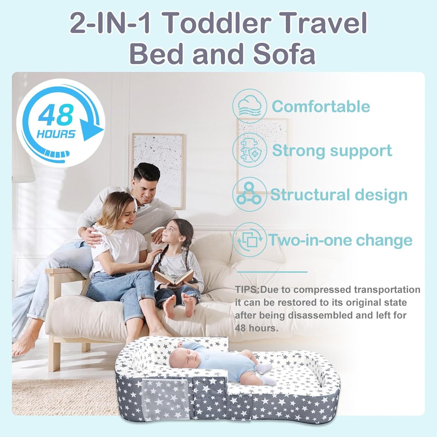 Toddler Travel Bed, Portable Toddler Bed & Chair 2-In-1 – Convertible Travel Crib with Storage Pockets, Built-Waterproof Oxford Cloth, Easy,Washable Covers,Soft Dutch Velvet (Stars Pattern)