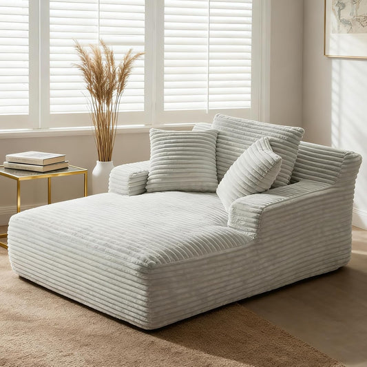 66" Chaise Lounge Chair Indoor, Oversized Boneless Couch Comfy Upholstered Sleeper Sofa Bed with 3 Pillows, Corduroy Cloud Reading Chair for Living Room No Assembly Required, Light Grey