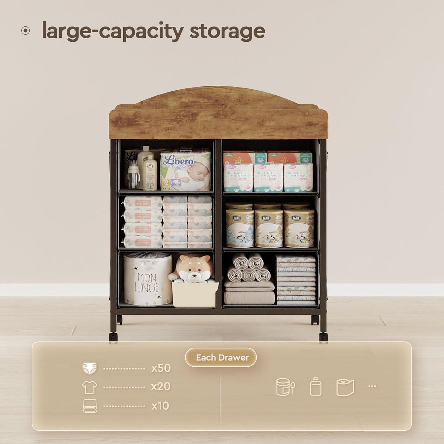 Baby Changing Table Dresser with Wheels, 6-Fabric Drawer Baby Dresser with Changing Table Top, Waterproof Diaper Changing Station & Pad, Mobile Storage Unit, Baby Furniture, Rustic Brown