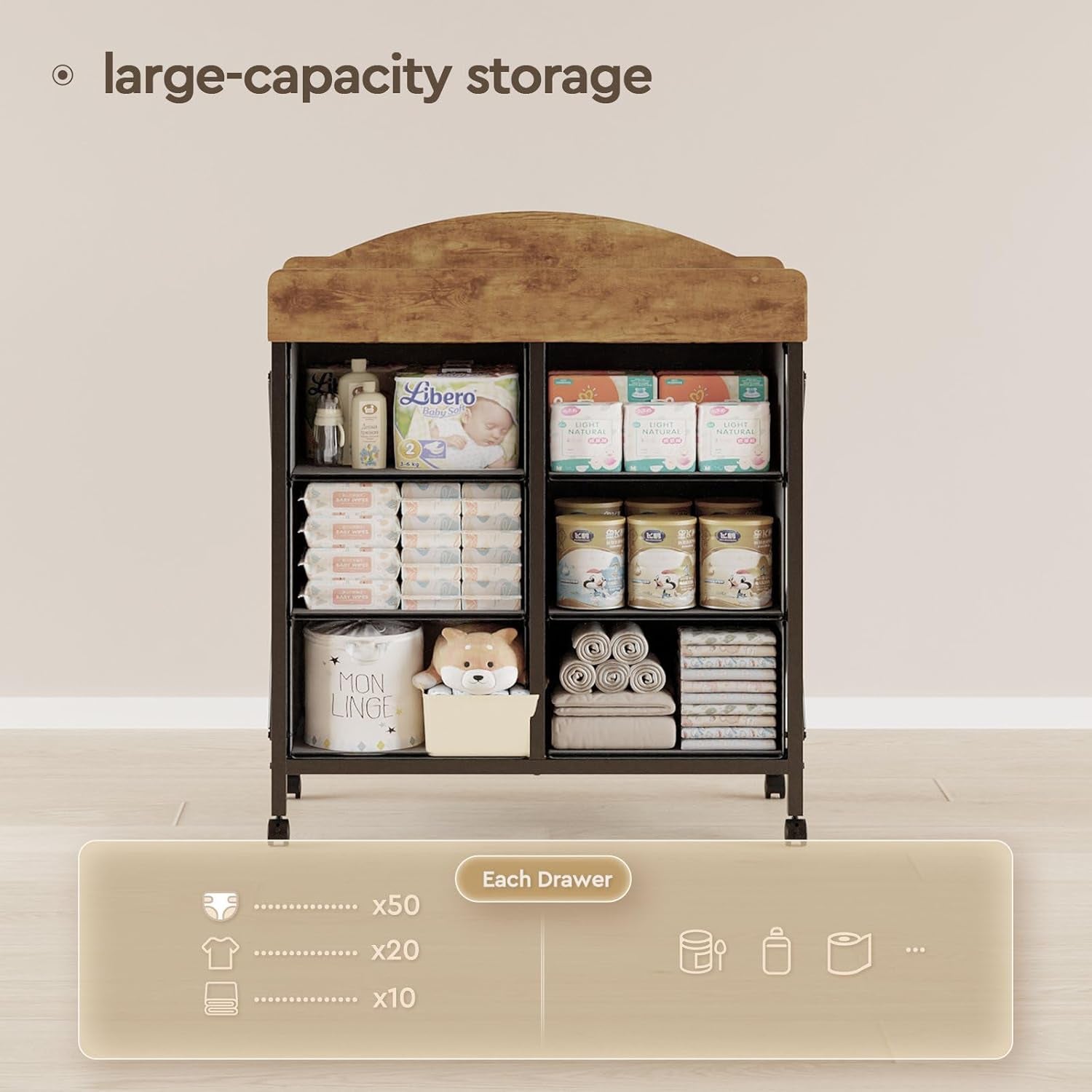 Baby Changing Table Dresser with Wheels, 6-Fabric Drawer Baby Dresser with Changing Table Top, Waterproof Diaper Changing Station & Pad, Mobile Storage Unit, Baby Furniture, Rustic Brown