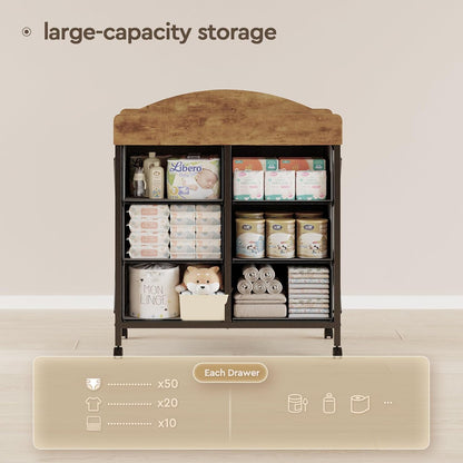 Baby Changing Table Dresser with Wheels, 6-Fabric Drawer Baby Dresser with Changing Table Top, Waterproof Diaper Changing Station & Pad, Mobile Storage Unit, Baby Furniture, Rustic Brown