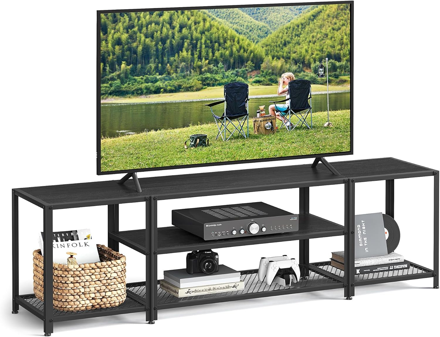 Modern TV Stand for Tvs up to 75 Inches, 3-Tier Entertainment Center, Industrial TV Console Table with Open Storage Shelves, for Living Room, Bedroom, Black with Wood Grain ULTV098B22