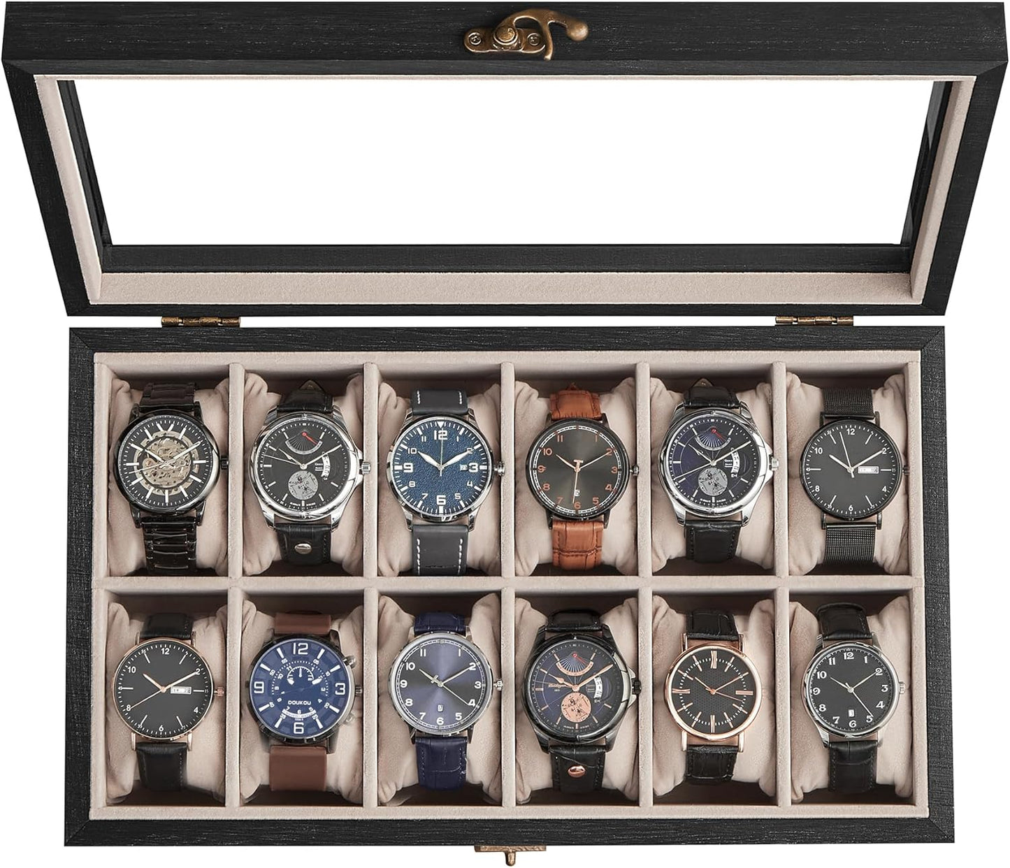 8-Slot Watch Box, 2-Tier Watch Display Case with Large Glass Lid, Removable Watch Pillows, Velvet Lining, Jewelry Box, Gift Idea, Ebony Black UJOW008B01