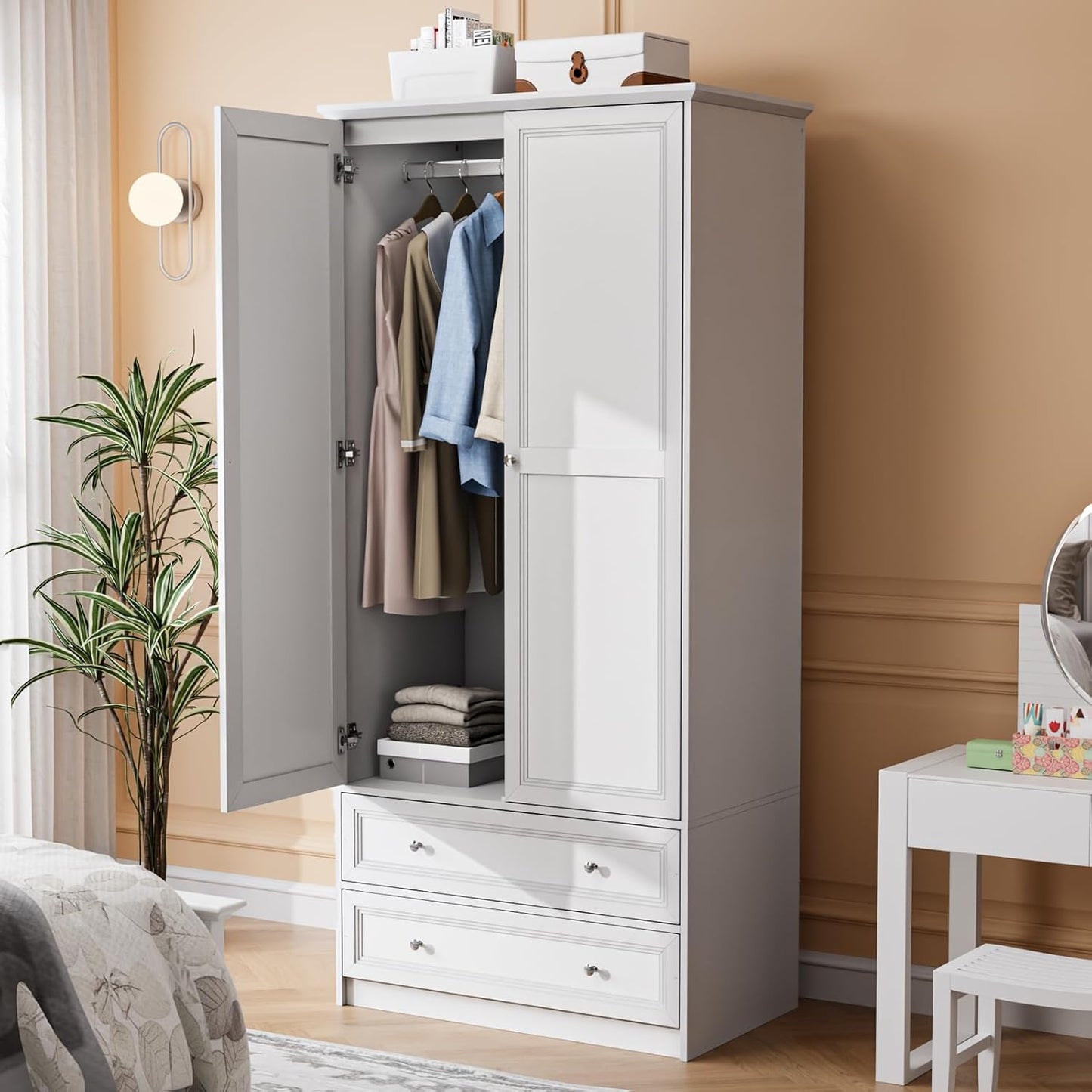 Wardrobe Closet with 2 Doors and 2 Drawers, 72" H Wardrobe Cabinet Closet, Freestanding Clothing Storage Cabinet, Wooden White Bedroom Armoire, Combination for Hanging Clothes