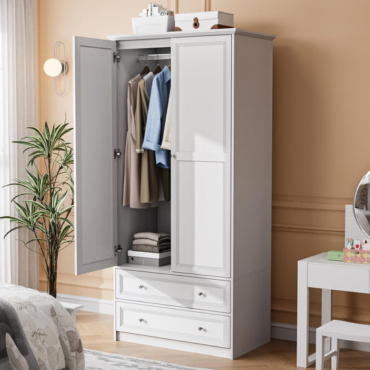Wardrobe Closet with 2 Doors and 2 Drawers, 72" H Wardrobe Cabinet Closet, Freestanding Clothing Storage Cabinet, Wooden White Bedroom Armoire, Combination for Hanging Clothes