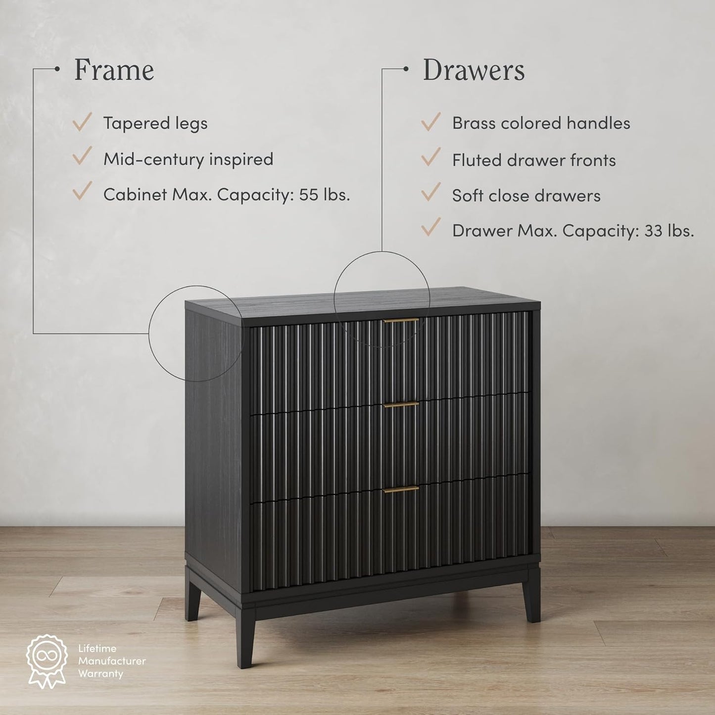 Jasper 3 Drawer, Bohemian Fluted, Solid Wood for Nursery, Small Dresser for Bedroom, Black Oak