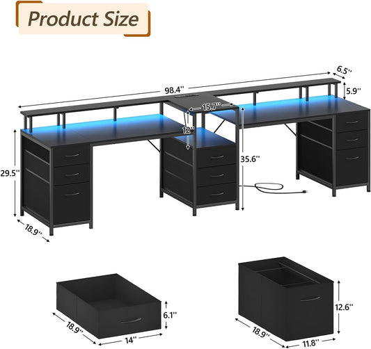 98.4" Long Computer Desk with 9 Drawers, 2 Person Gaming Desk with LED Lights & Power Outlet, Two Person Home Office Desk with Storage, Printer Shelf ＆ Monitor Stand, Black