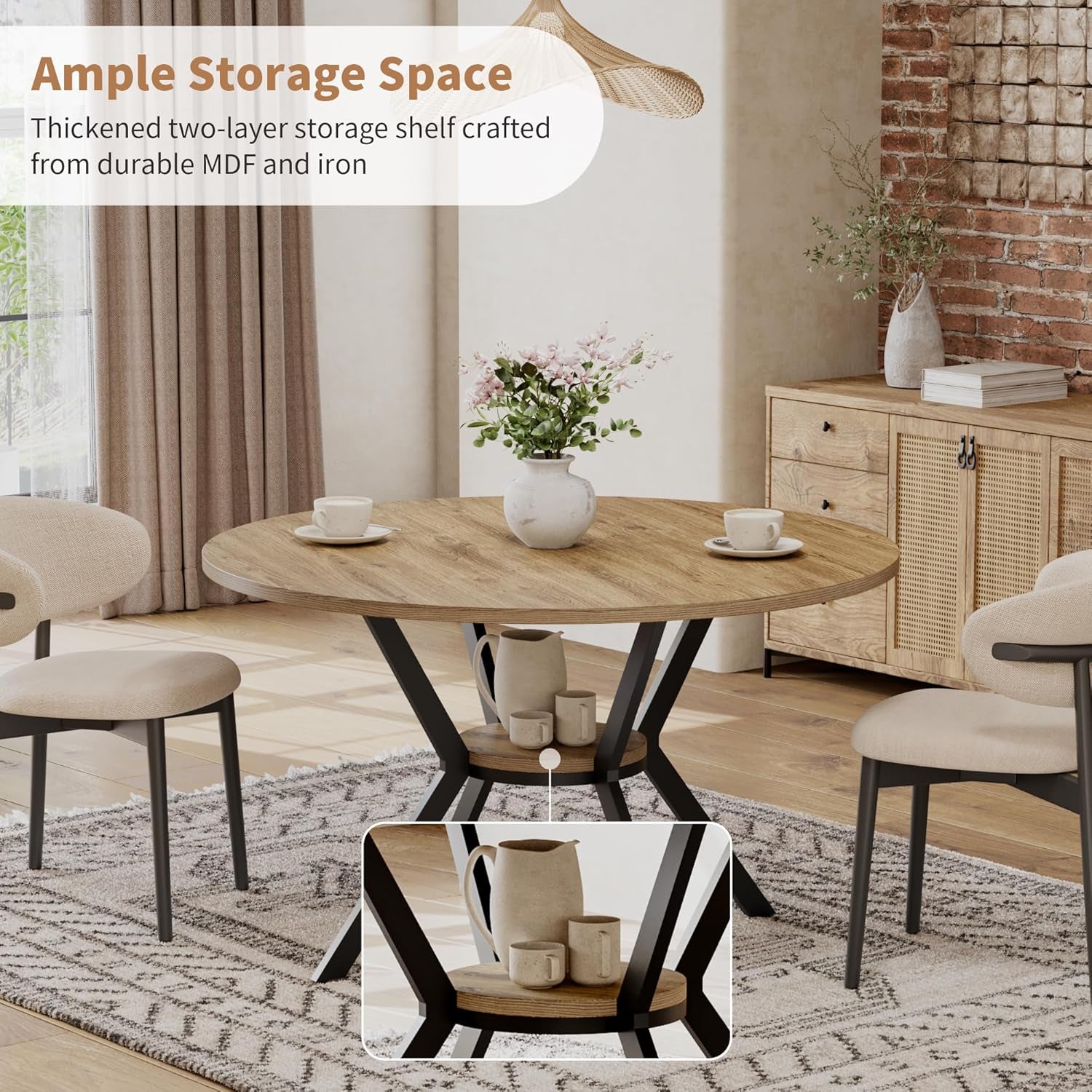 42 Inch round Dining Table for 2–4, Farmhouse round Kitchen Table with Storage Shelf, Pedestal Dining Table, Wood Top & Metal Base, Small Space Table for Apartment, Dining Room