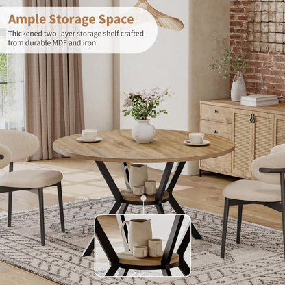 42 Inch round Dining Table for 2–4, Farmhouse round Kitchen Table with Storage Shelf, Pedestal Dining Table, Wood Top & Metal Base, Small Space Table for Apartment, Dining Room