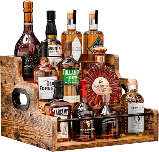 Liquor Bottle Display Shelf, Coffee Syrup Rack Organizer, 3 Step Countertop Wine Rack, Mini Bar, Retro Bar Shelf Stand for Whiskey, Spirits