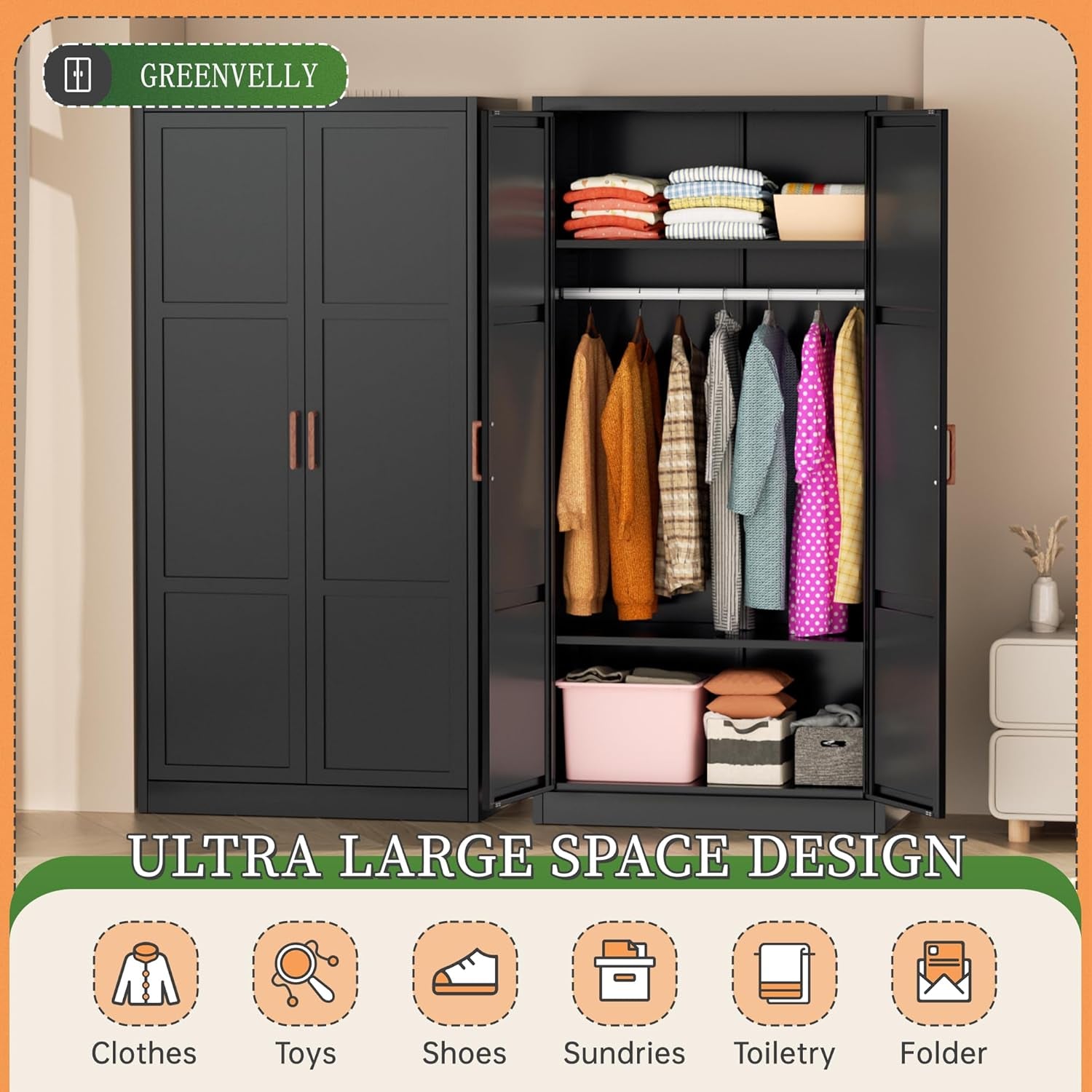 Metal Wardrobe Cabinet with Wooden Handle, 72" Black Metal Wardrobe Closet with Hanging Rods and Adjustable Shelves, Clothing Storage Closet Cabinet for Bedroom, Cloak Room, Laundry Room