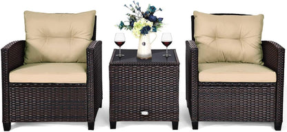 3 Pieces Patio Furniture Set, PE Rattan Wicker 3 Pcs Outdoor Sofa Set W/Washable Cushion and Tempered Glass Tabletop, Conversation Furniture for Garden Poolside Balcony (Beige)