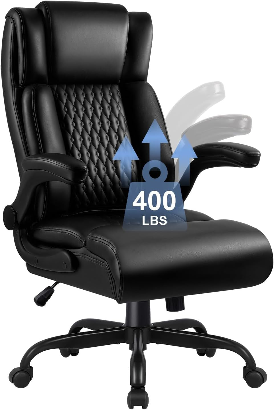 Big and Tall Office Chair, Ergonomic Leather Office Computer Desk Chair, Black Heavy Duty Office Chair with Flip-Up Armrest, Comfortable High Back Home Chair 400 LBS with Lumbar Support