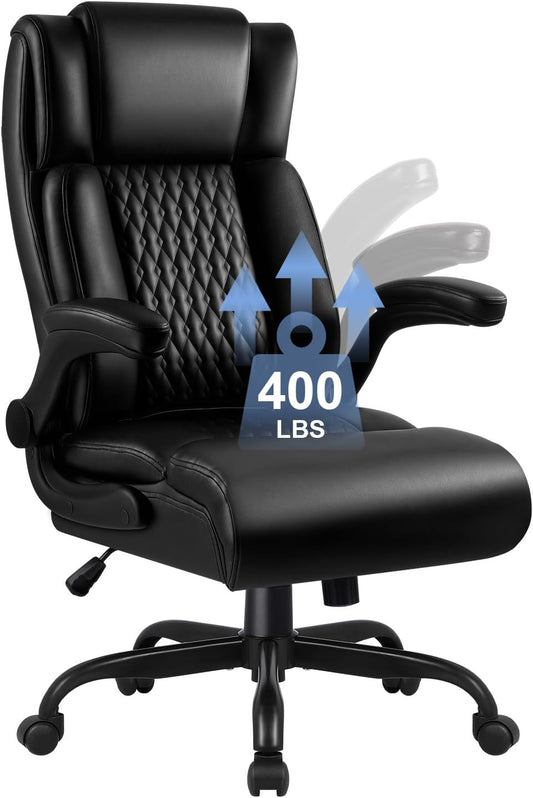 Big and Tall Office Chair, Ergonomic Leather Office Computer Desk Chair, Black Heavy Duty Office Chair with Flip-Up Armrest, Comfortable High Back Home Chair 400 LBS with Lumbar Support