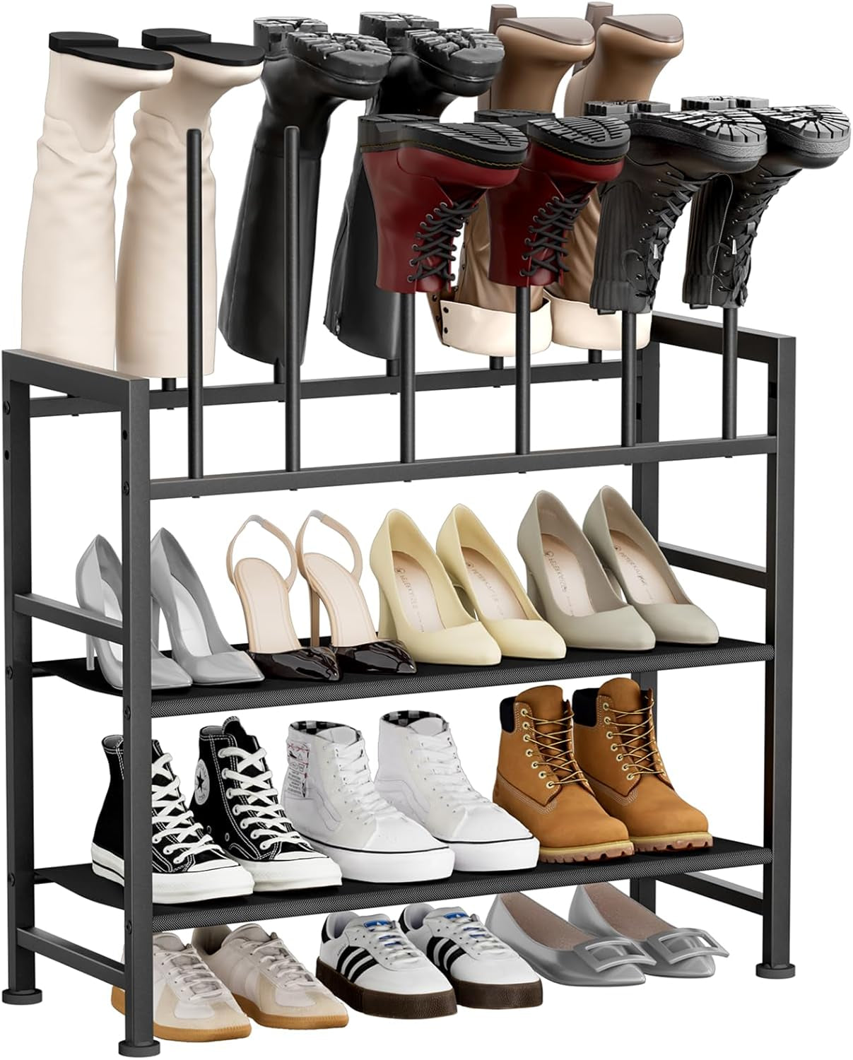 Boot Rack 4-Tier - Black Metal Boot Storage Rack for Tall Boots Organizer Tall Boots, Multiuse Shoe Rack for Boots, Sneakers, High-Heel, Entryway, Fits 6 Pairs