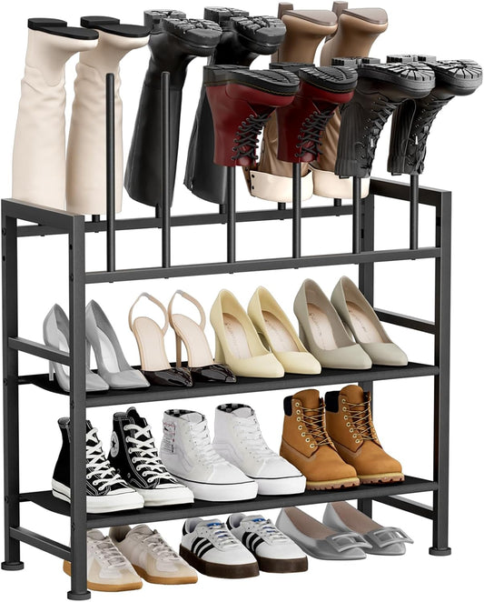 Boot Rack 4-Tier - Black Metal Boot Storage Rack for Tall Boots Organizer Tall Boots, Multiuse Shoe Rack for Boots, Sneakers, High-Heel, Entryway, Fits 6 Pairs